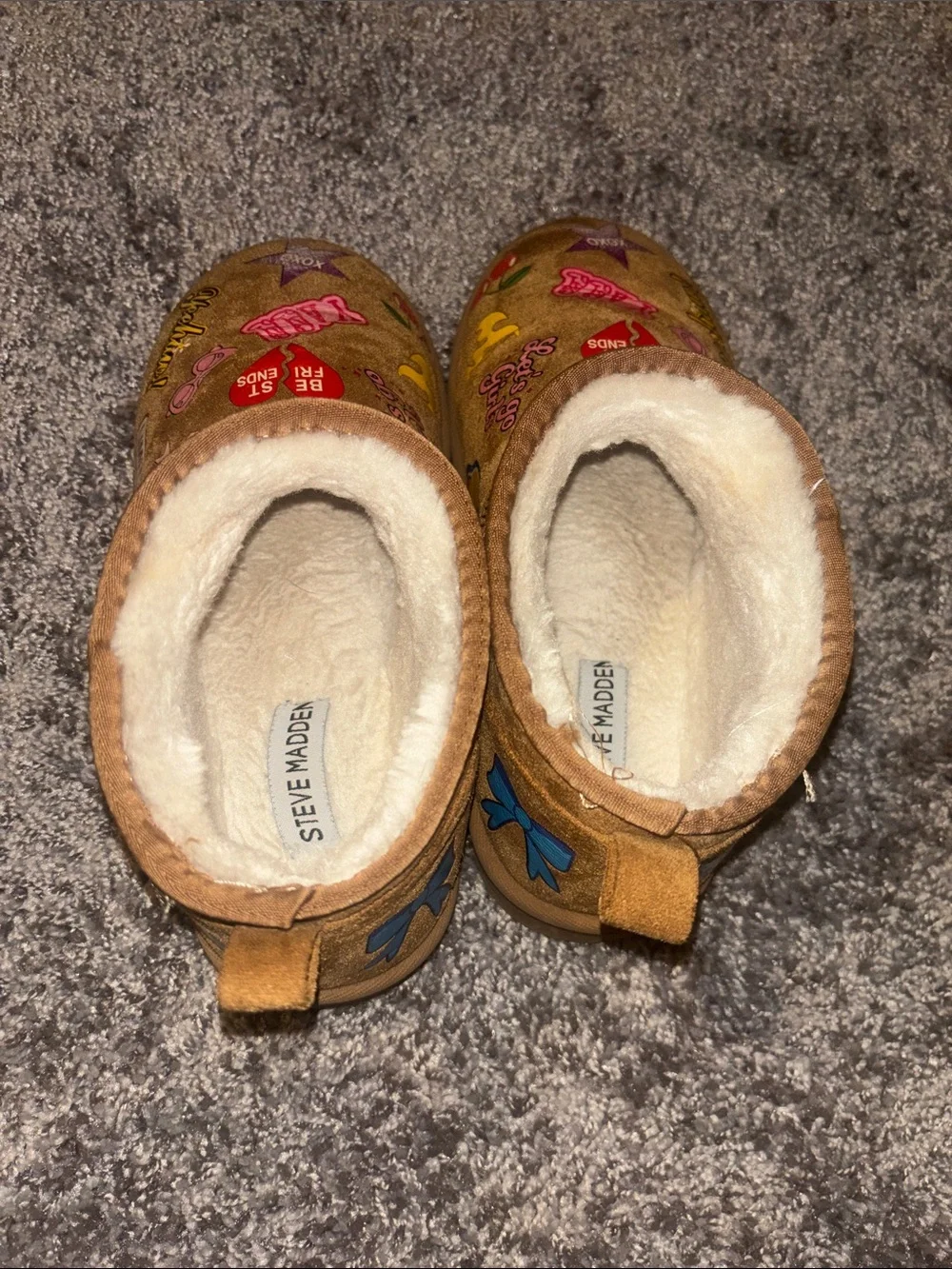 Steve Madden Kids Tan Faux-Shearling Slip-On Boots with Pink & Red Patches